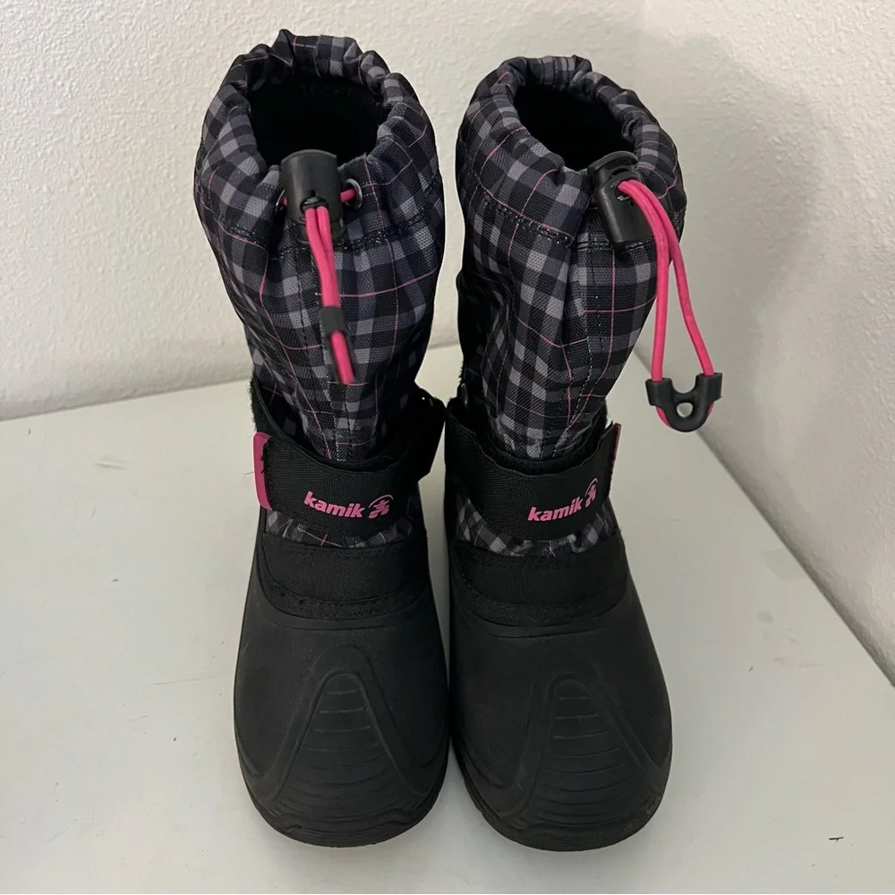 Kamik Pink Black Girls Finley Checker Plaid Snow Boots Kids Sz 1 Winter Insulate